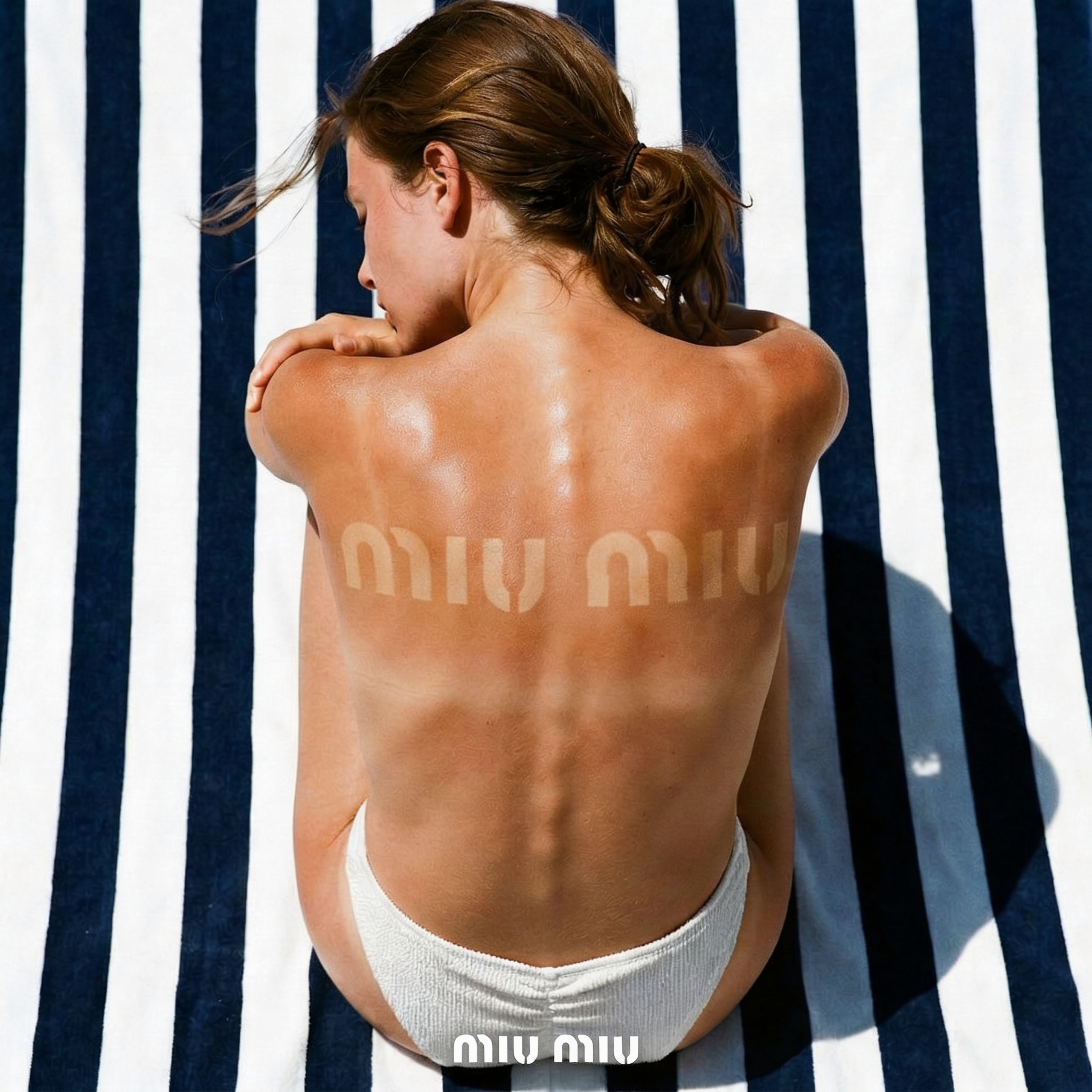 Campagne fictive Miu Miu — logo imprimé sur la peau par le soleil, production IA iart